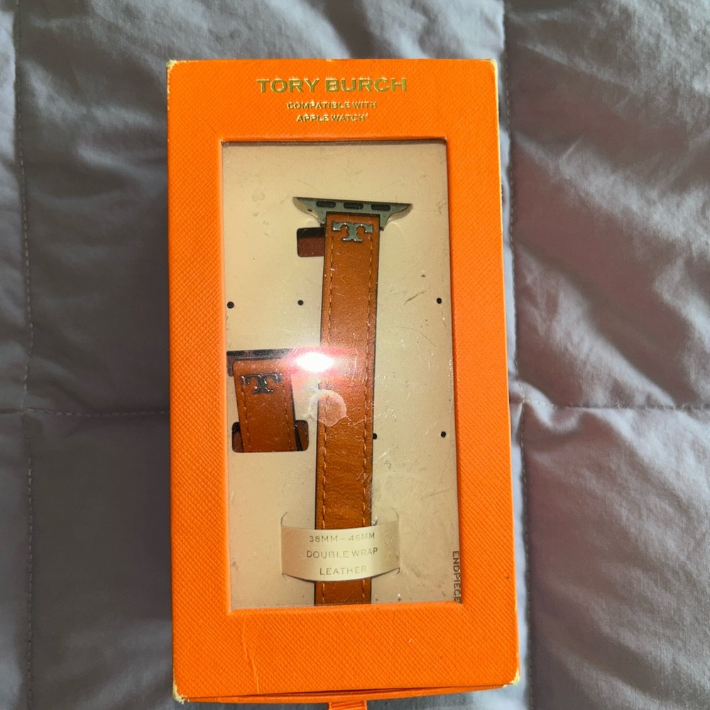 Tory Burch Tan Double-Wrap Leather Apple Watch Band with TB Logo